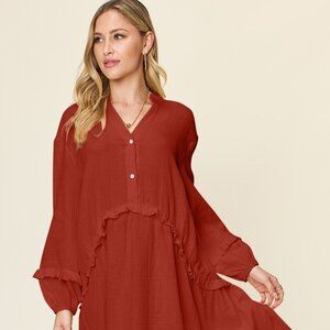 Double Take Full Size Texture Half Button Ruffle Trim Dress